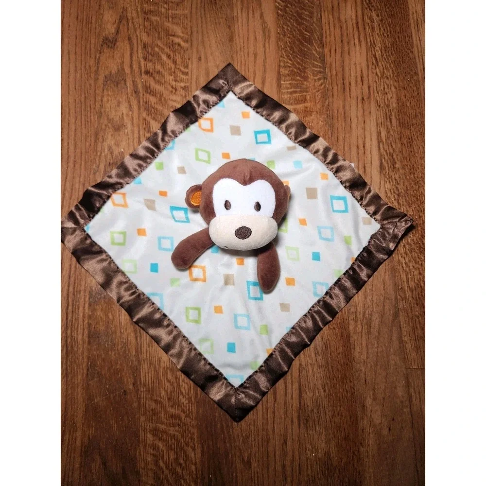 Garanimals Monkey Diamond Print Baby Blanket Cream Brown Orange Aqua Satin Lovey